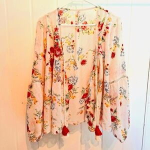 Time & True Sheer Floral Women's Kimono Cardigan Size Large Very Good Condition